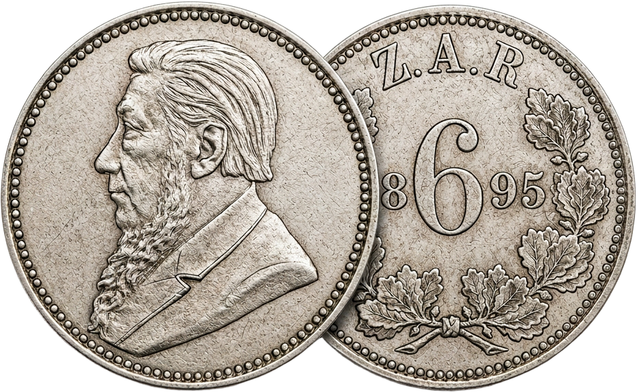 1895 ZAR silver sixpence, obverse and reverse